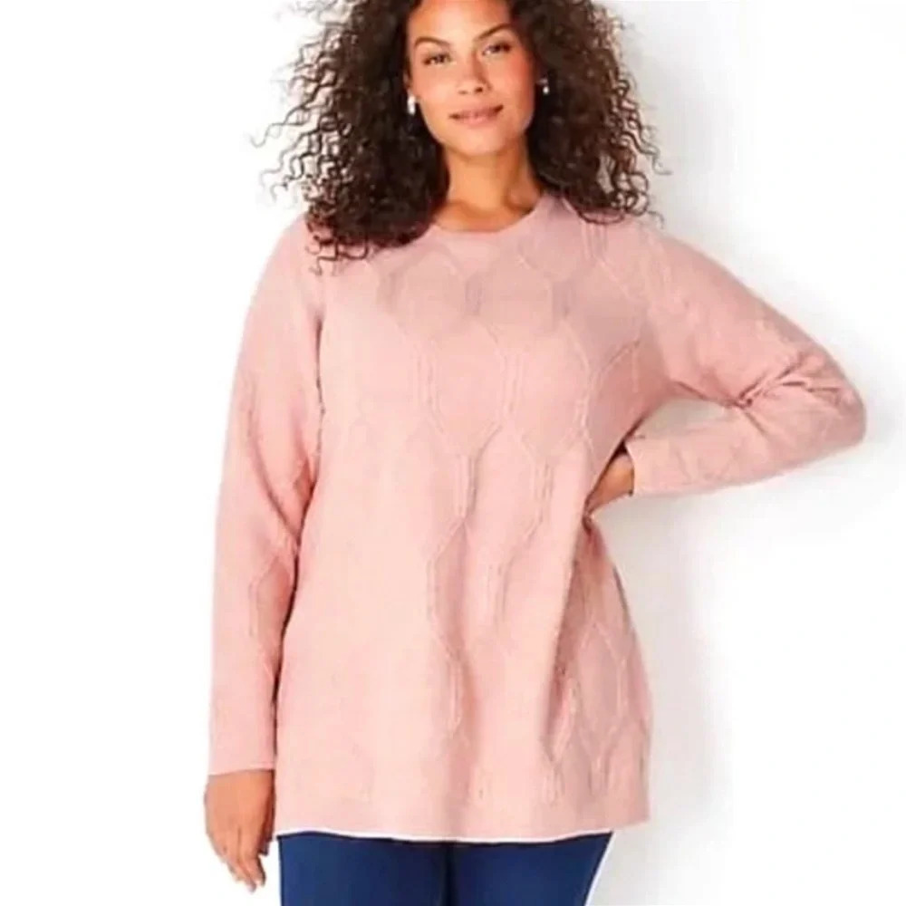 NWT J Jill Womens 1X Mink Pink Cable Crewneck Sweater Pullover Spring Soft New